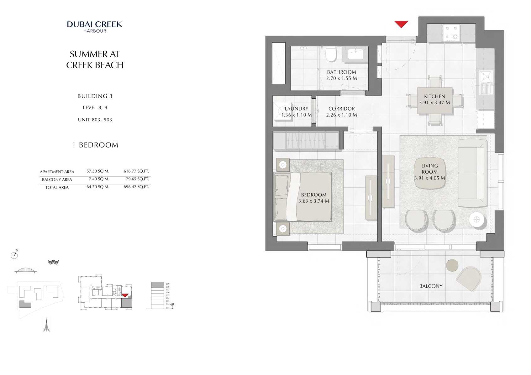 1 Br Building 3 Level-8-9 Unit 803-903, Size 696 Sq Ft